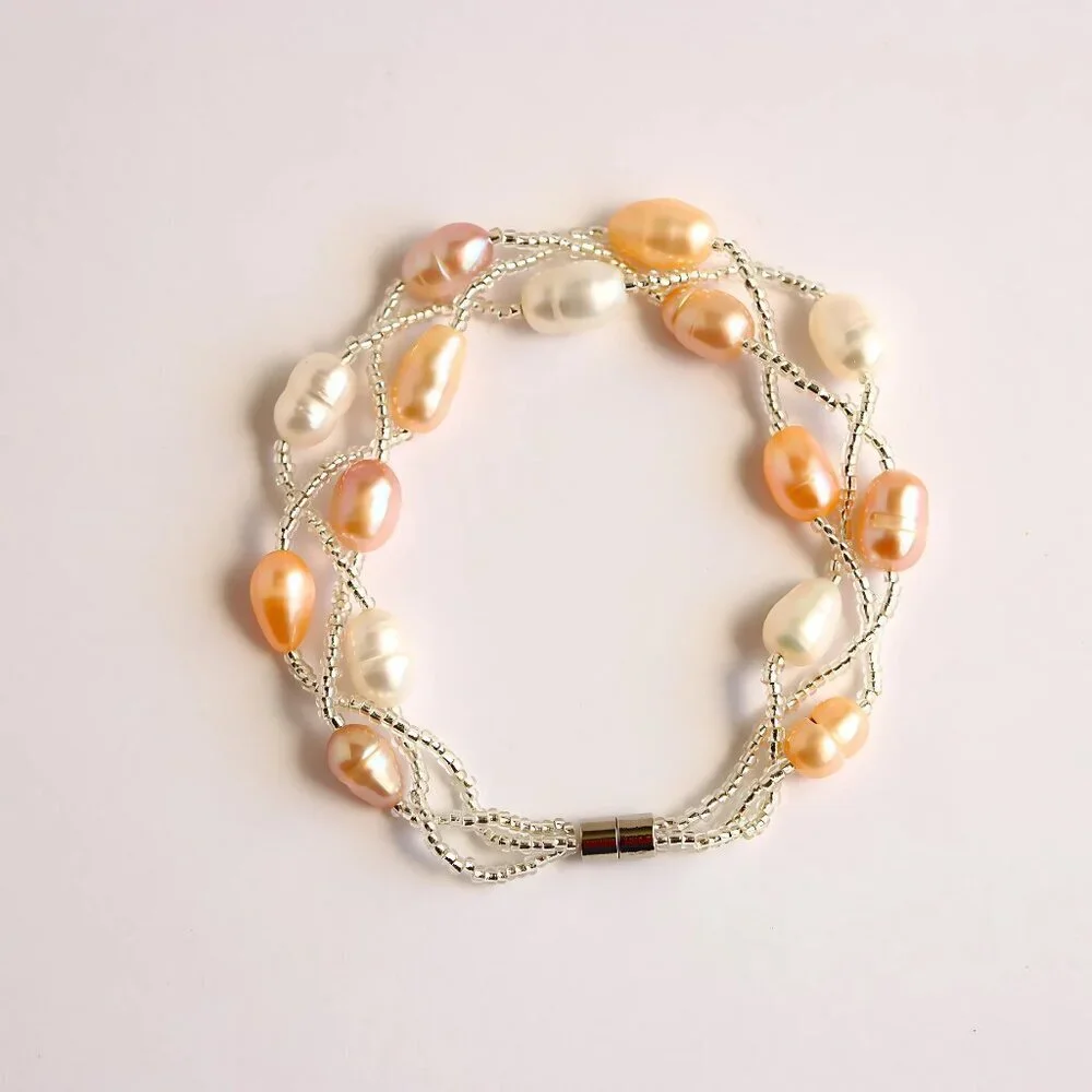 Layered Freshwater Pearl Bracelet – Pink Peach Ivory – Sterling Silver Clasp